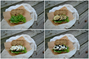 kanapka z grillowanym bakłażanem, kozim serem i rukolą
